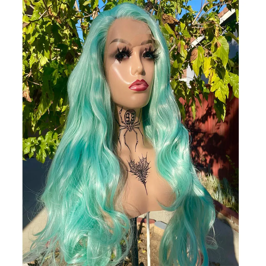 

Mint Green Body Wave Synthetic Hair Lace Front Wigs for Woman Natural Black With Babyhair Heat Resistant Fiber Daily Wigs