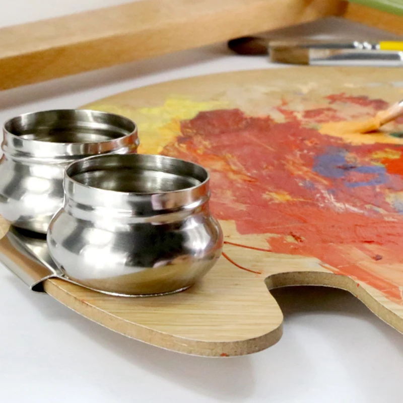 2 Pack Paint Pot Container Cup Painting Palette Cups With Lid And Clip Double Dippers Stainless Steel For Oil Painting