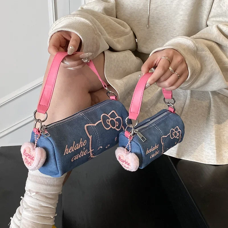 

Mini Hello Kittys Crossbody Bag Cylinder Hand-Held Portable Parent-Child Cowboy Embroidery Bags for Woman Crossbody Bag