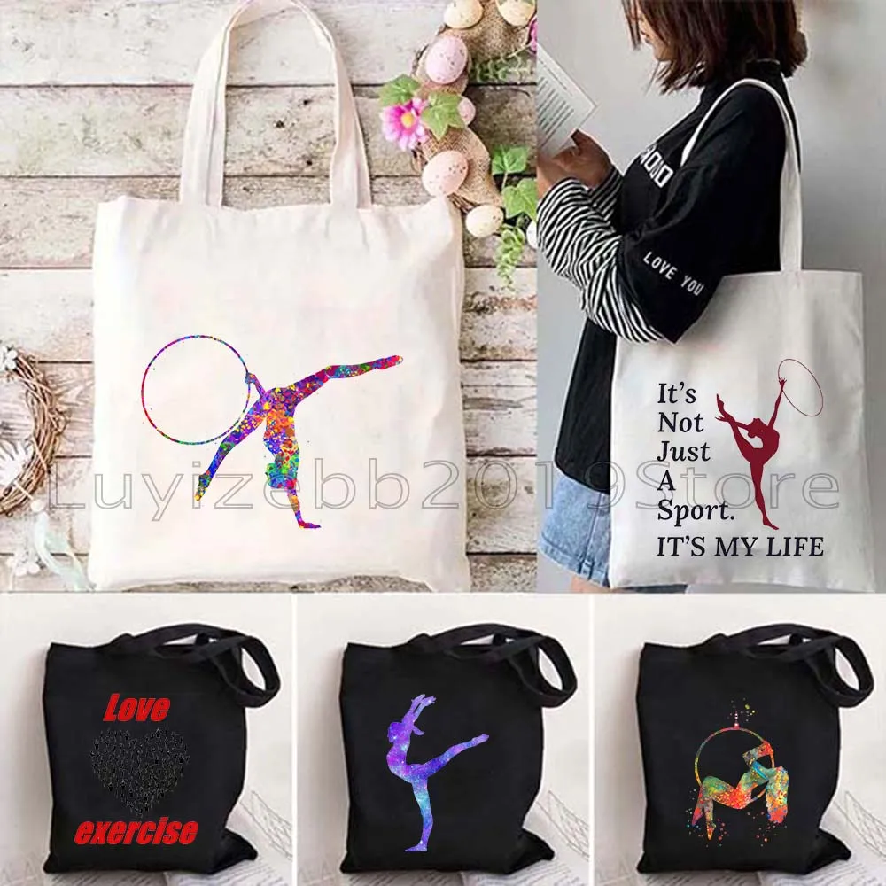 Colorful Rhythmic Gymnastics Ribbon Rope Ball Watercolor Art Cute Sport Gifts Women Canvas Shoulder Tote Bag Shopper Handbag