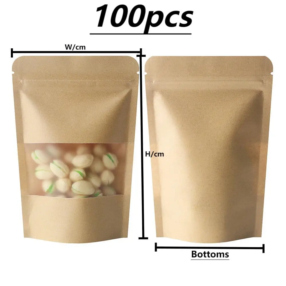 100 Stück Kraftpapier-Standbeutel mit Matt-Fenster für Snacks, Trockenfrüchte und Tee, Selbstversiegelnde Beutel mit Reißverschluss – Detail 3