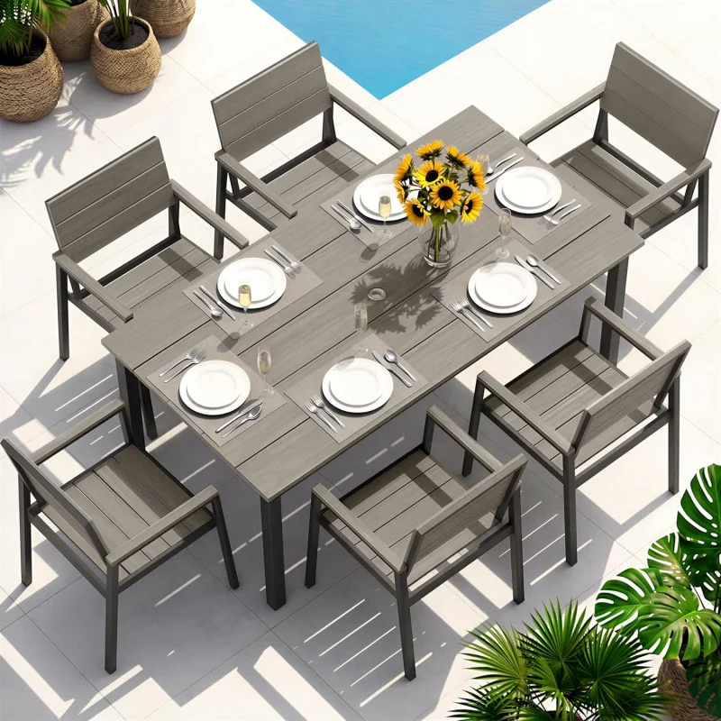 

-Piece Outdoor Dining Set 6, Aluminum Patio Table & Chairs with Hole, Furniture Garden, Gray