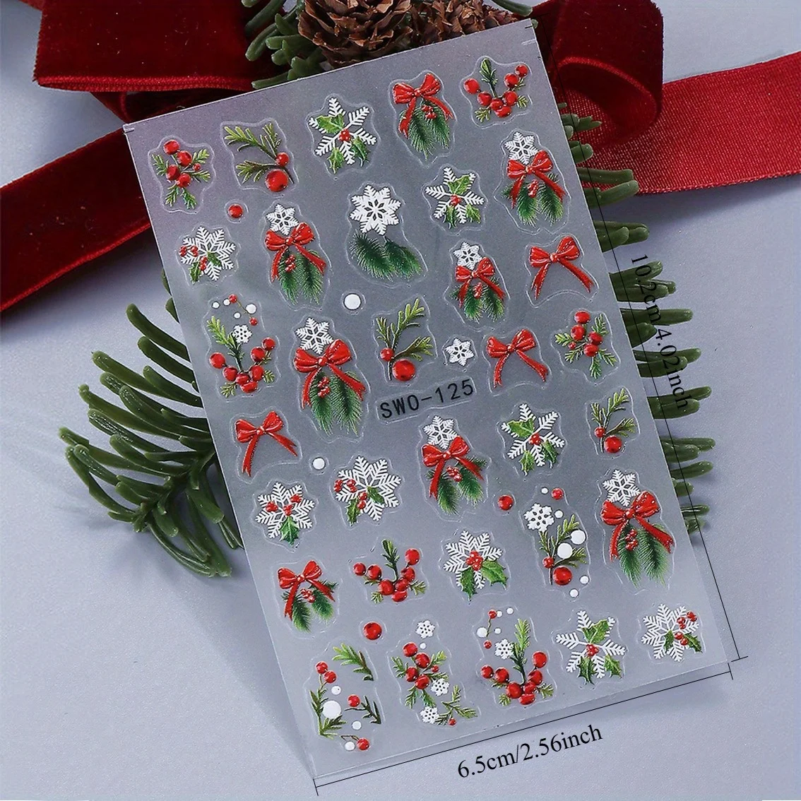 1/3pcs Red Christmas 5D Embossed Nail Stickers - Self-Adhesive 3D Sliders with Holly, Snowflakes, Bows & Berries,Nail Decoration