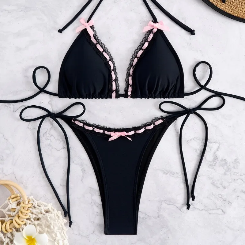 

Европейские и американские женские бикини с отдельной кружевной отделкой и галстуком-бабочкой