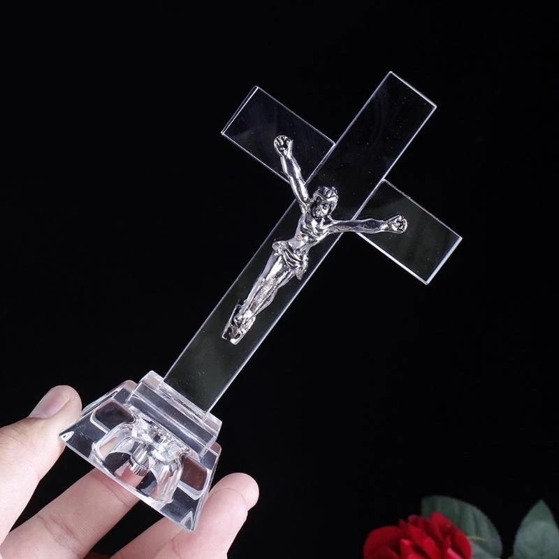 Crystal Jesus for Cross Statue for Home Church Desktop Decoration Religious Gift for Creative Figure Craft Ornament