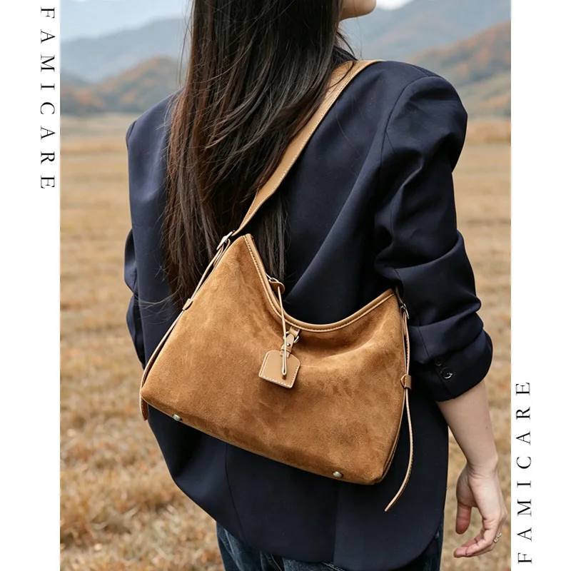 Fashion New Lady Split Suede Leather Tote Bag Women Solid Color Retro Crossbody Bag Large Capacity Versatile Daily Shoulder Bags