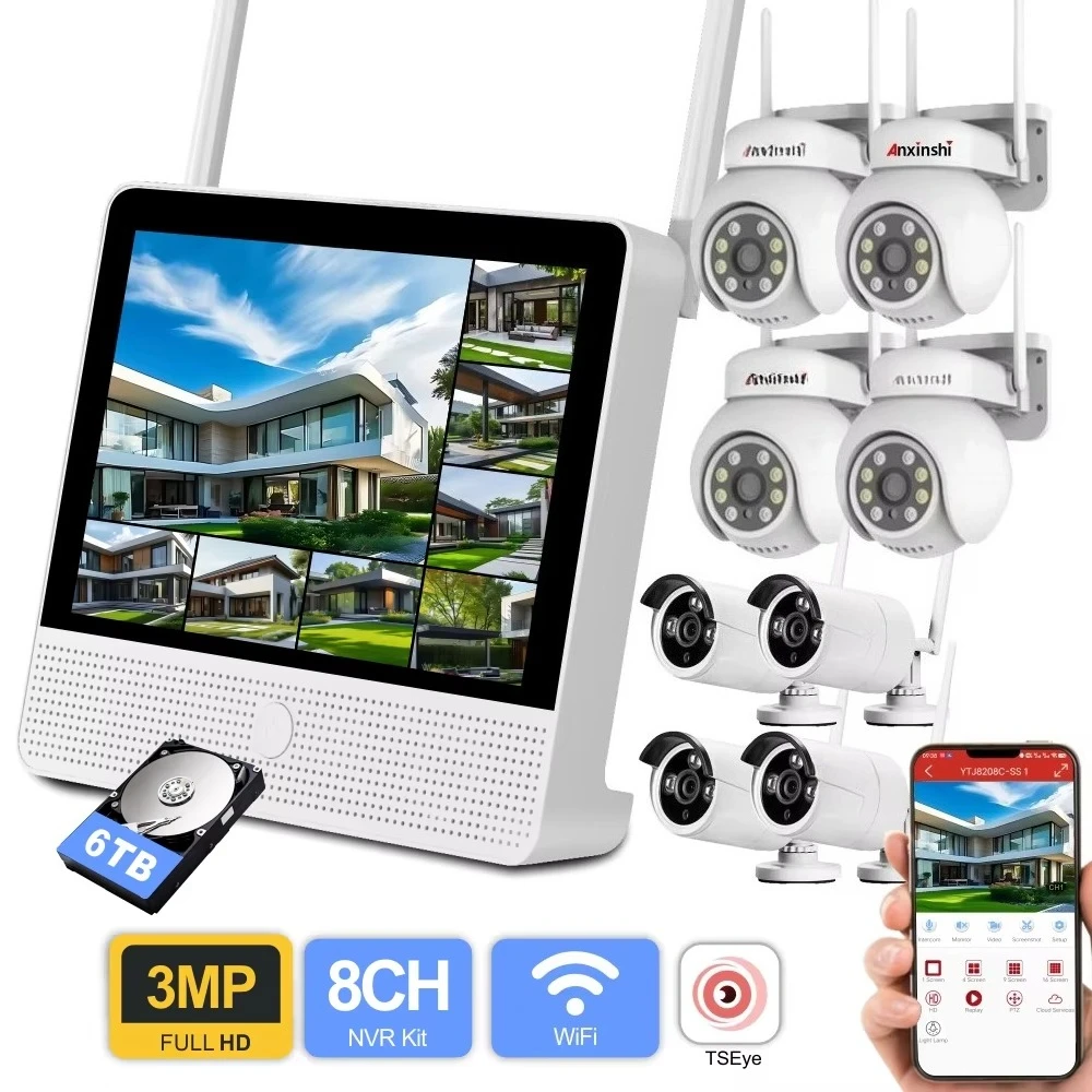 Wireless Security Camera System With Monitor PTZ and Bullet Camera Outdoor Waterproof Color Night Vision Wifi Connection