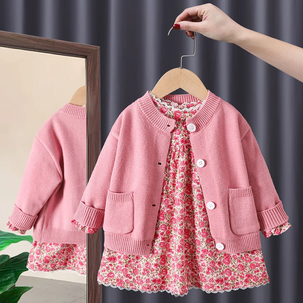 2024 Autumn Kids Baby Girls 2PCS Clothes Set Cotton Knitted Pocket Cardigan Floral Long Sleeve Dress Suit Toddler Girls Outfits