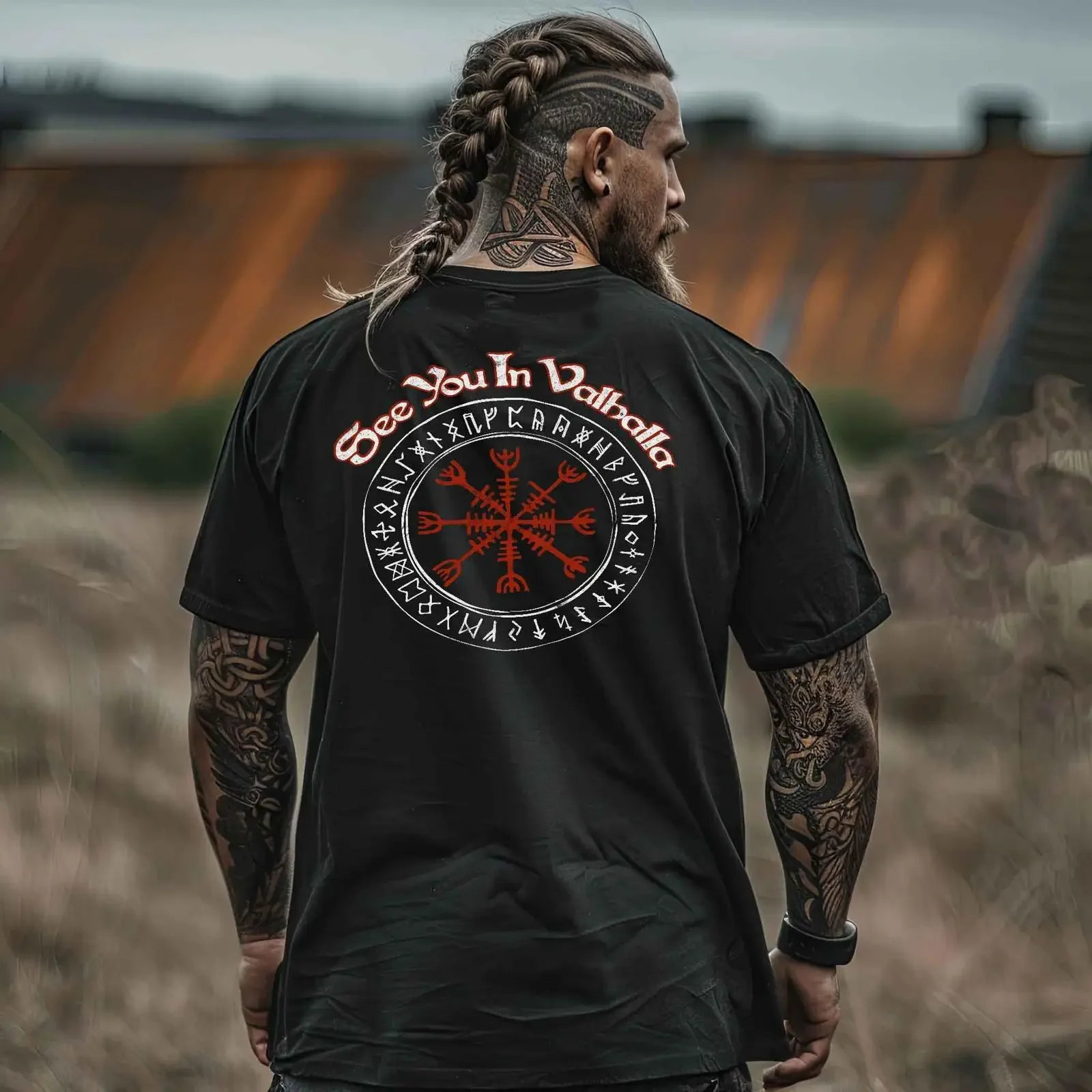 T-shirt Viking surdimensionné et épais, design « See You In Valhalla » avec casque de terreur Ægishjálmr, style nordique, vintage, délavé, doux