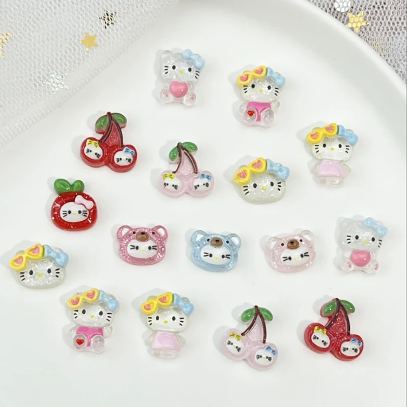 20PCS Sanrio Hello Kitty Ghiaccio Trasparente Fine Brillante Nail Art Cartoon 3D Ciliegia Hawaiian Dress Up Serie Ragazza Carino Nail Accesso