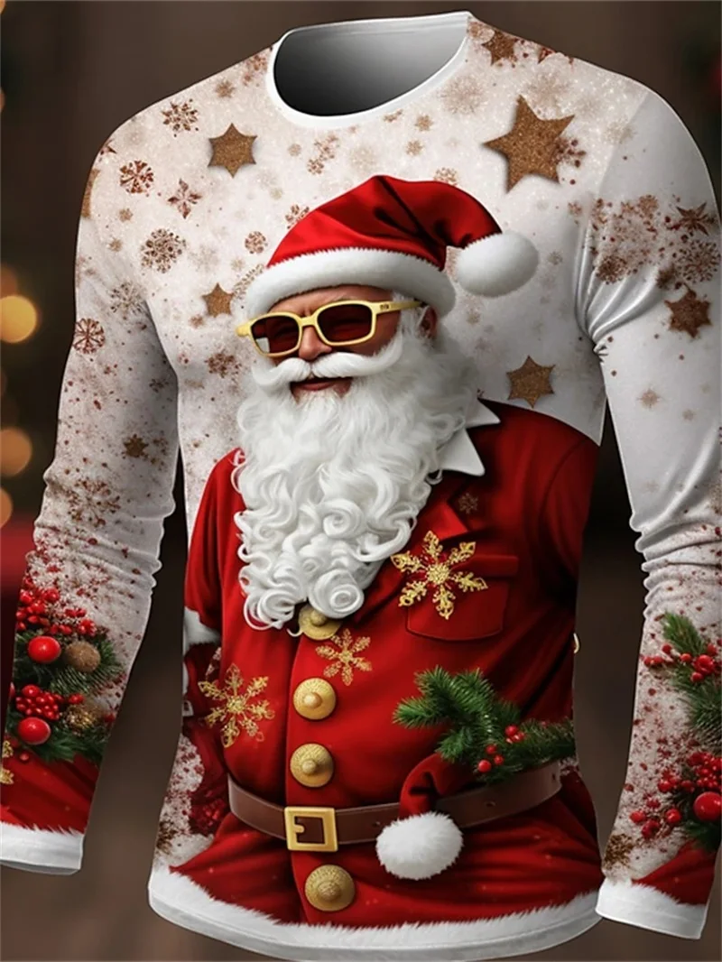 3D Print Santa Claus Merry Christmas Casual Men's T Shirt Clothes Long Sleeve Crew Neck Tee Shirts Top For Men Camiseta