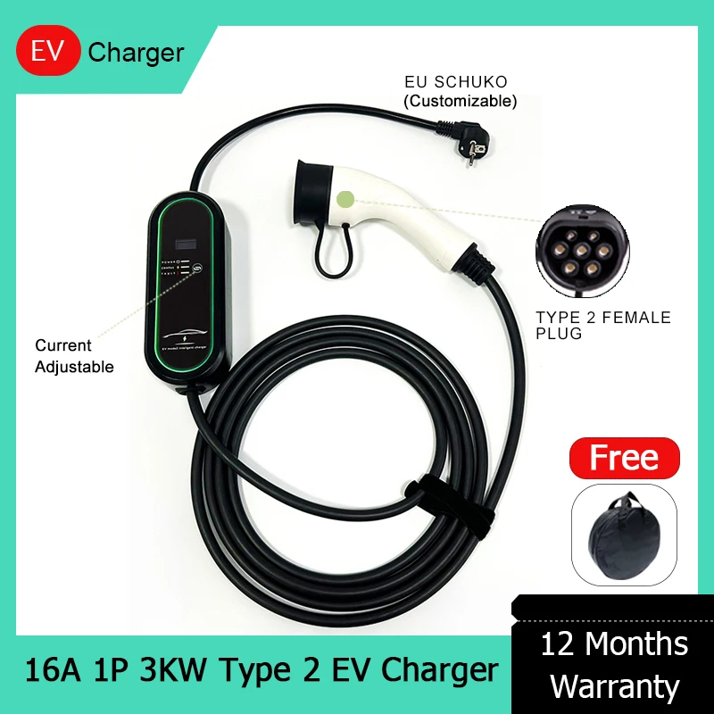 

Home Portable 16A 220V EV Car Charger Type 2 IEC 62196-2 Current Adjustable IP54 5M Cable Wallbox Charging Station for Electric