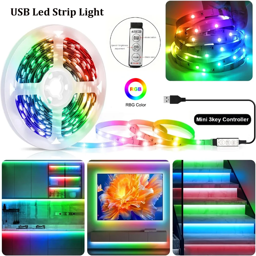 Smart LED Strip Lights Bluetooth Control RGB Music Sync Lights Flexible USB Lamp Tape Ribbon For Room Decoration TV Backlight