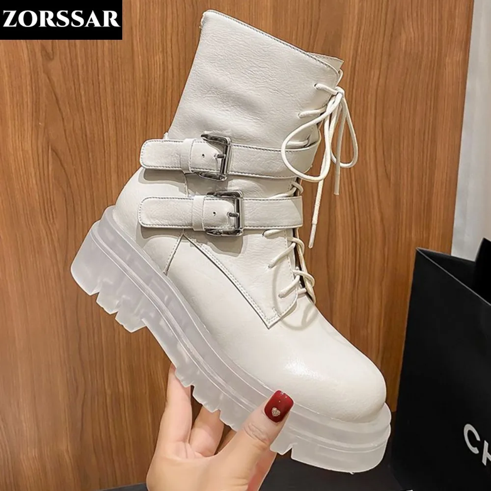 

Cow Leather Round Toe Transparent Thick Heel Motorcycles Boots Cross-tied Metal Buckle Classic Platform High Quality Ankle Boots