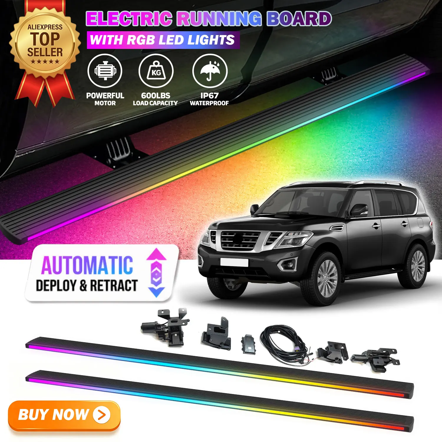 Deployable Power Electric Running Boards Fits For Nissan Armada Patrol 2017-2023 with LED Light Strips Side Step Nerf Bars