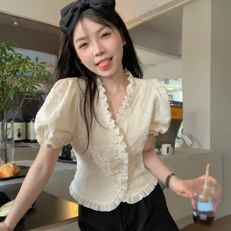 Sweet V Neck Casual Loose Fit Blouse For Women Korean Version Fashion Puff Short Sleeves Summer Soft Breathable Casual Crop Top