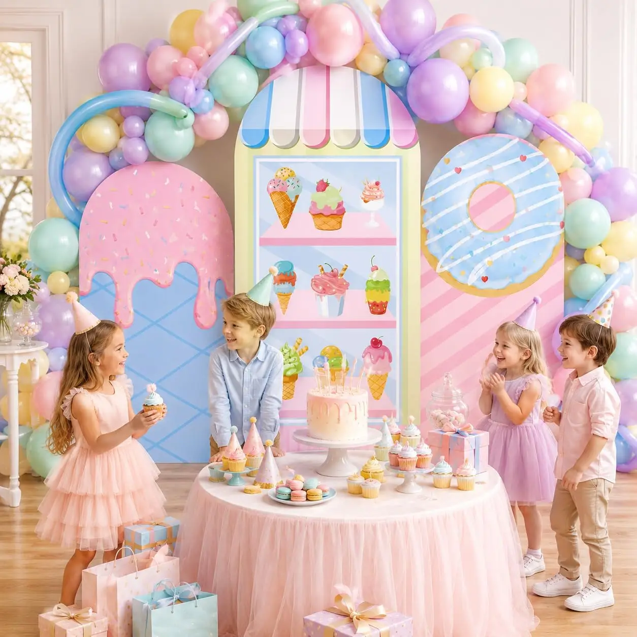 Toile de fond d'arche de fête de glace personnalisée recto-verso, décor de table de gâteau et de dessert pour anniversaire d'enfant, fournitures pour table de bonbons
