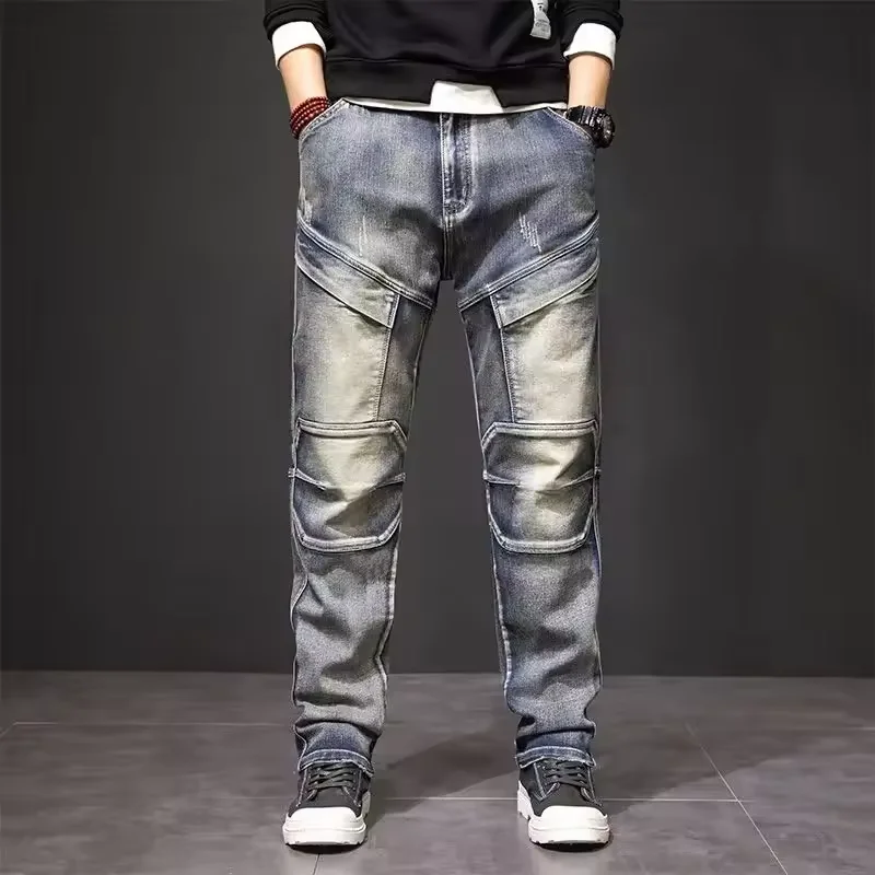 Men's Jeans Vintage Loose Fit Work Pants Man Street Patch Knee Pad Multiple Pocket Combination Utility Denim
