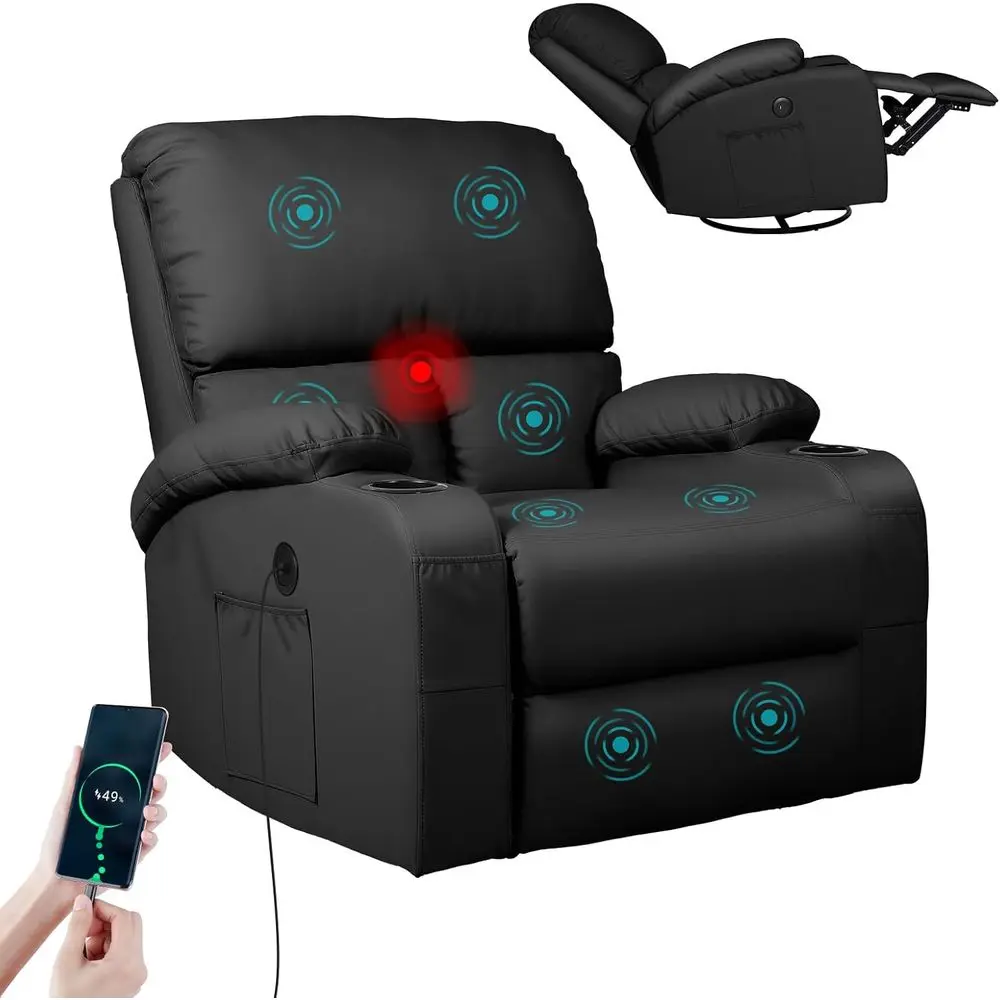 

Rocking Recliner Chair, Massage Rocker Recliner Chair with Vibration Massage and Heat, USB and Type-C Ports,360° Swivel aux Leat