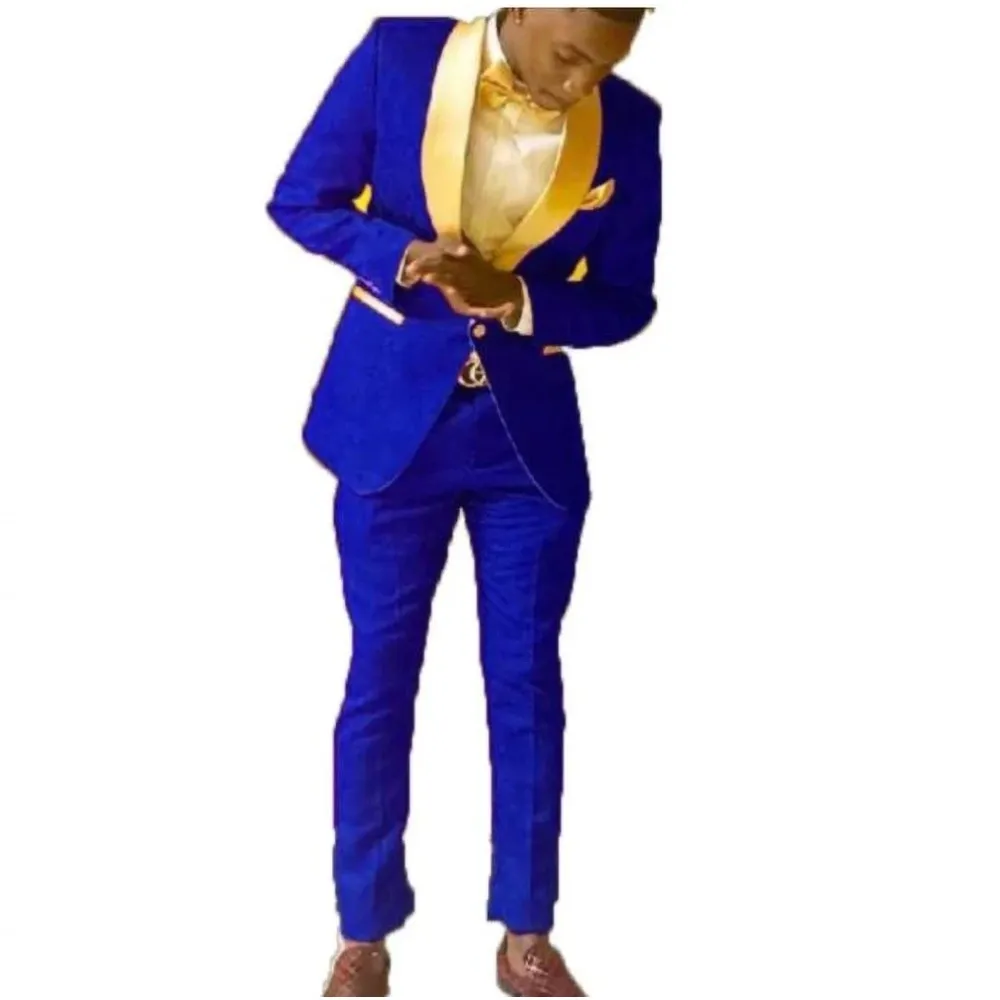 

Royal Blue Mens Suits Groom Tuxedos Shawl Gold Lapel Tuxedo Tailor 2 Pieces Wedding Groom Bridegroom Party Jacket+Trousers