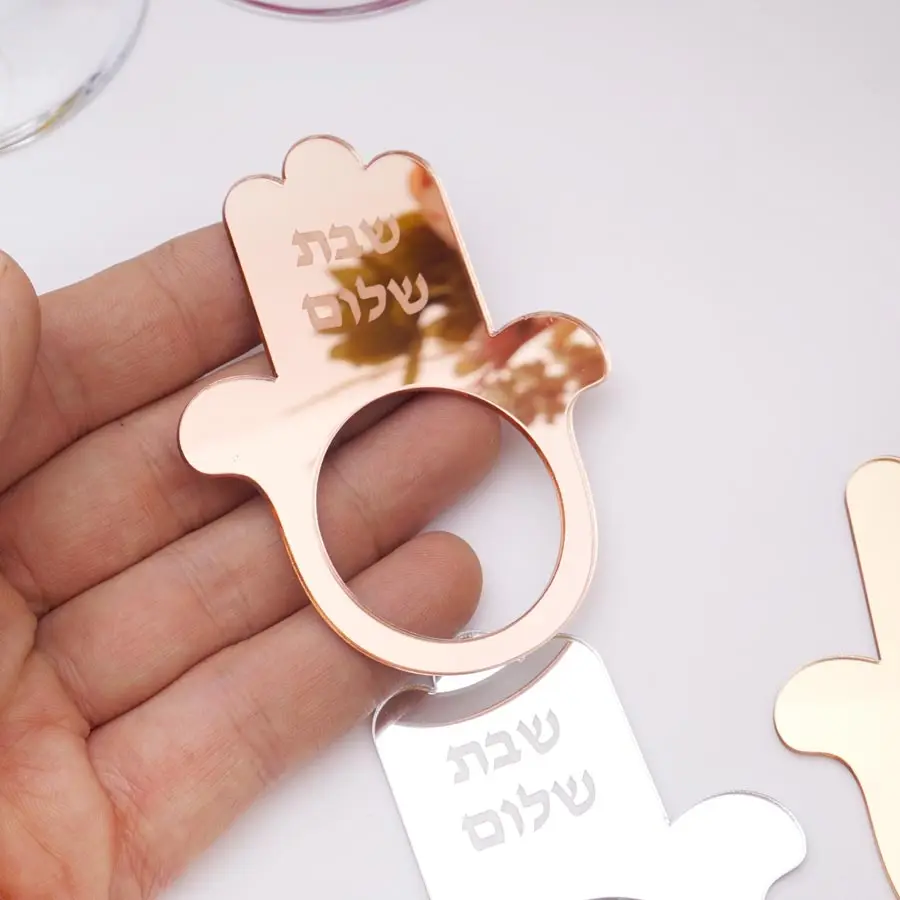12 Stück/Set Jüdischer Hamsa Shabbat Shalom Serviettenring aus Spiegelacryl Tischdekoration für Sombat-Abendessen Jüdische Feiertags-Tischdekoration – Detail 2