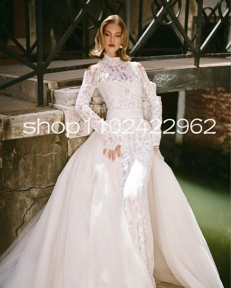 Long Sleeve Lace Bolero Mermaid Wedding Dresses with Detachable Skirt Gillter Pearls Applique Princess Bridal Gown Customsized