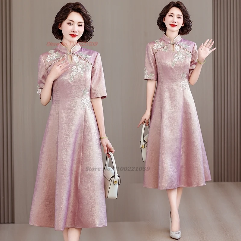 

2024 chinese improved cheongsam vintage qipao national flower embroidery satin wedding dress oriental a-line evening qipao dress