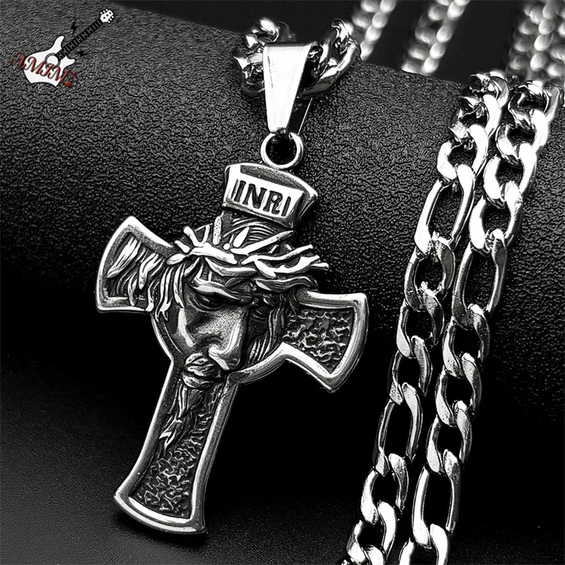 

Crown Of Thorns Jesus Cross Pendant Necklace For Women Men Stainless Steel Black Grunge Crucifix Male Religion Chain Jewelry
