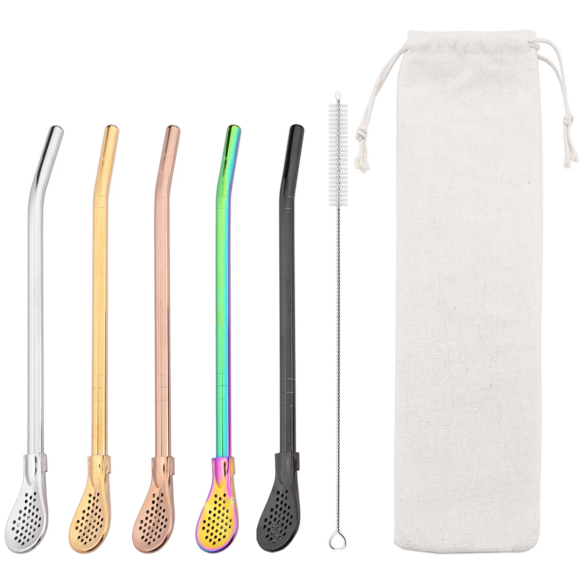 

5pcs Milkshake Cocktail Straw Multiple Colors Stainless Steel Straw Filter Tea Drinking Straw Set with Brush Bag Bar Accessories