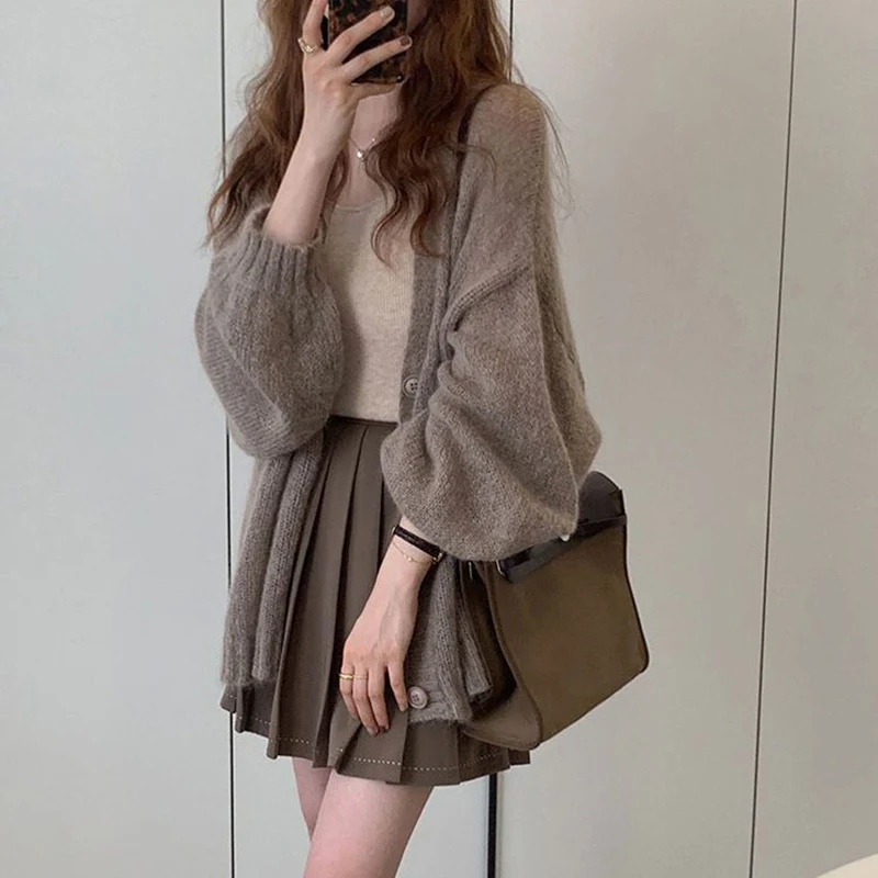 Biyaby Spring Autumn Knitted Cardigan Coats Woman Korean Simple Long Sleeve Sweater Women Casual Solid Loose V-Neck Cardigans