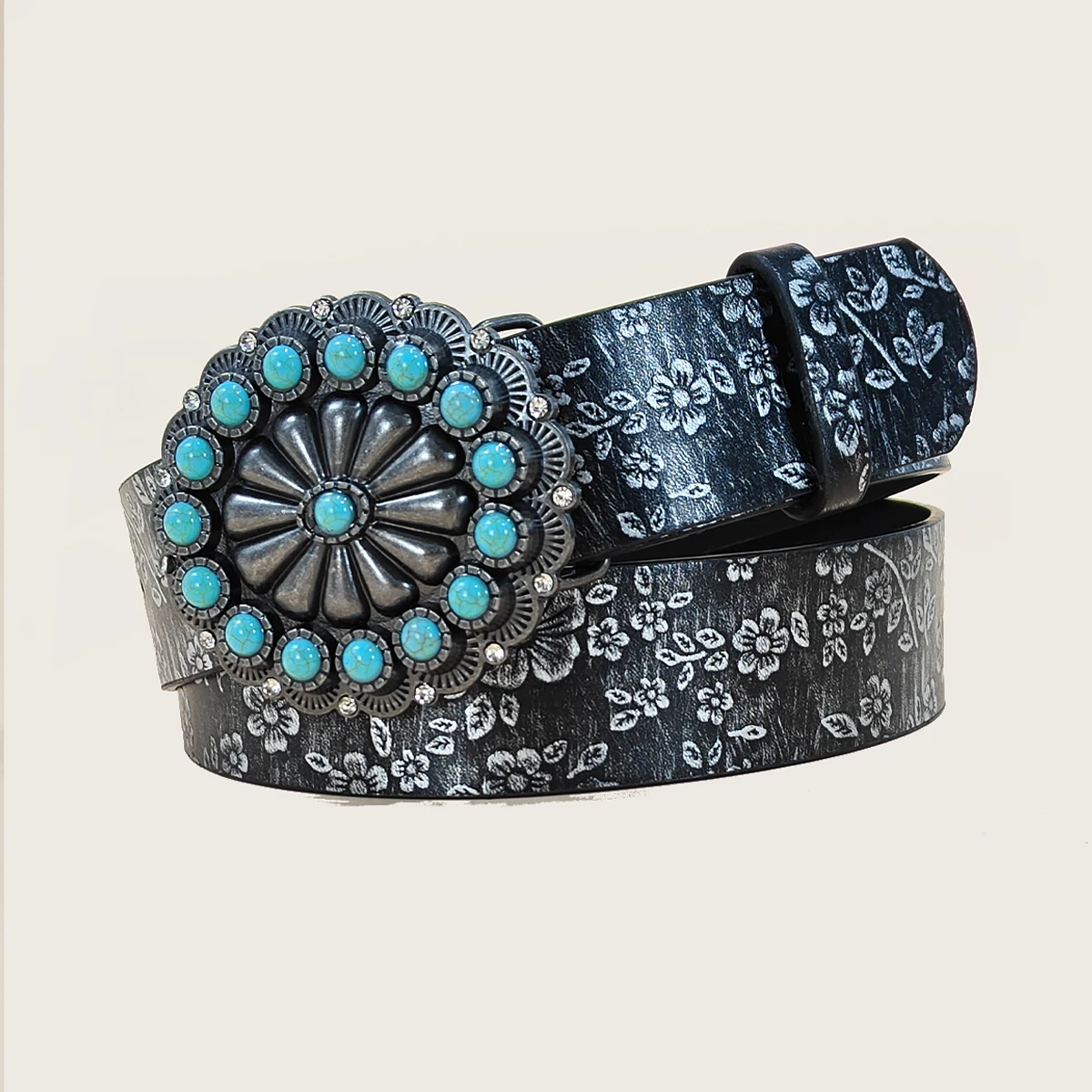 Neuer PU-Ledergürtel mit Flora-Muster für Herren und Damen, lässiger Jeansgürtel in Übergröße, luxuriöser Designer-Modegürtel in Türkis, Punk-Stil – Detail 9
