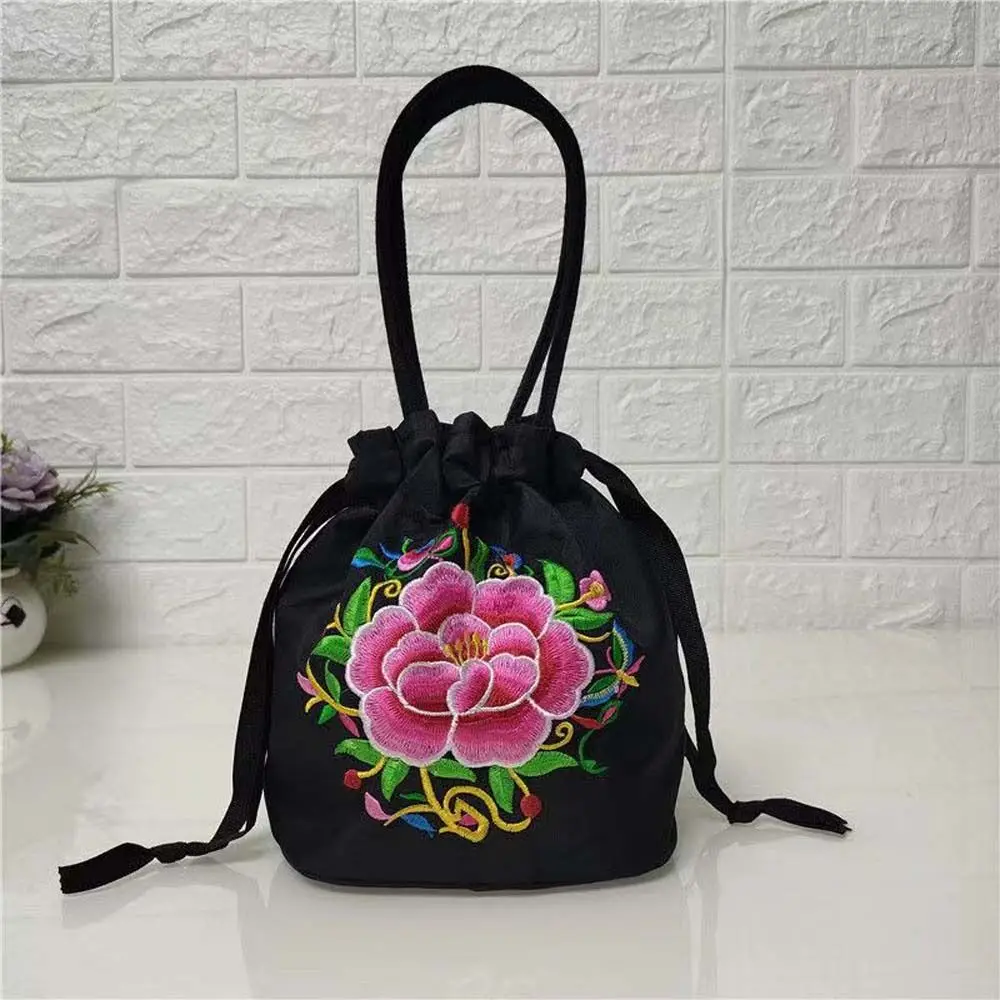 Satin Silk Hanfu Drawstrings Bag Rose Flower Ethnic Style Embroidery Flower Handbag Mommy Bag Bucket Bag Small Purse Wallet