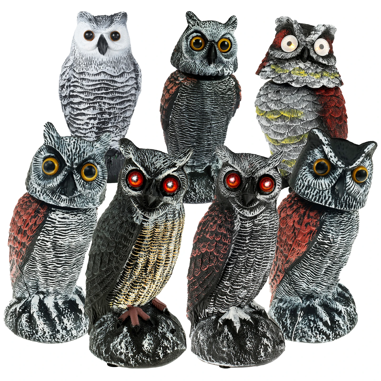 Owl Bird Repellent 360° Rotating Head Realistic Owl Statue Scarecrow Flashing Eyes Scary Sound Garden Bird Repellent Decoration