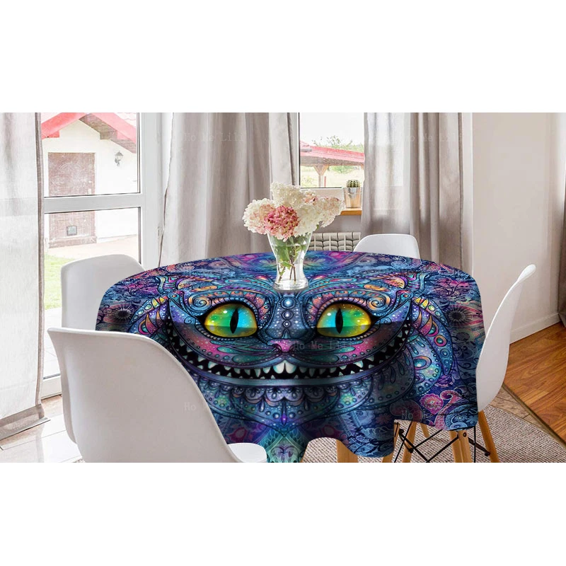 Fairytale Fantasy Wonderland Trippy Grinning Face Cat Magic Forest Cartoon Creative Round Tablecloth By Ho Me Lili Tabletop Deco