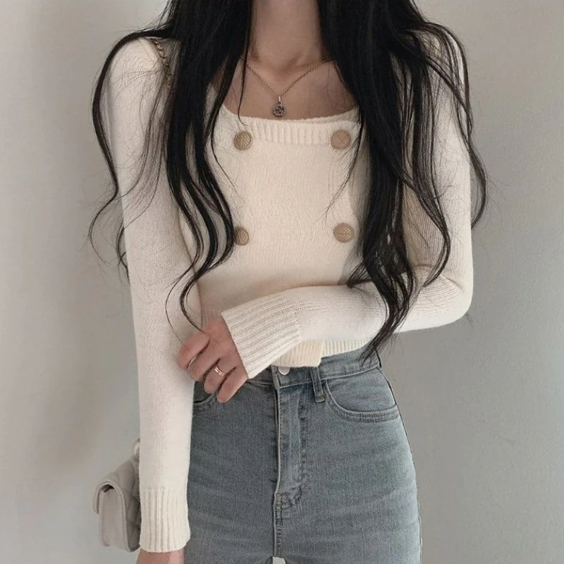 Cropped Pullovers Women Slim Long Sleeve Knitwear Korean Style Ins Sexy Fashion Chic Vintage Button Design Casual New Pull Mujer