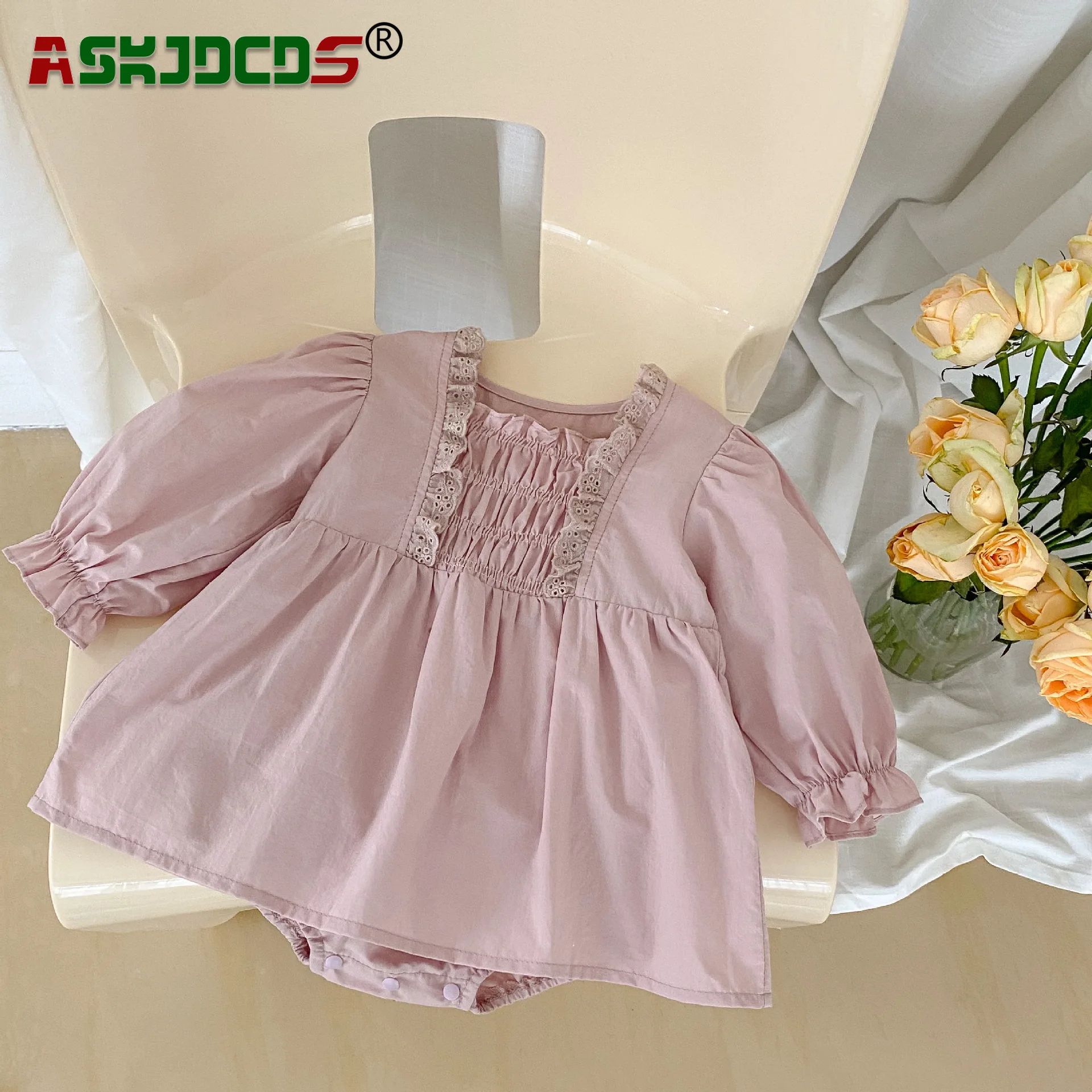 

2023 Autumn Newborn Baby Girls Solid Color Ruched Lace Jumpsuits Full Sleeve Infant Cotton Bodysuits Toddler Kids 0-24M