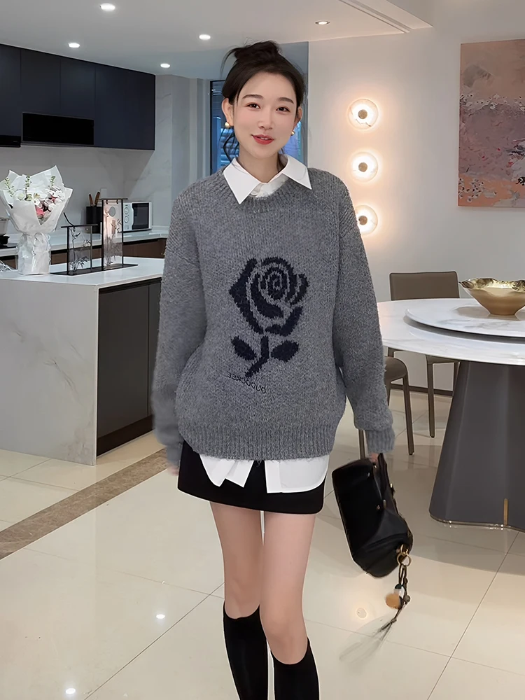 

Женский шерстяной вязаный свитер OUDOEE, повседневный, свободного кроя, с длинным рукавом, круглым вырезом, теплый, с узором «Флёр», осенняя новинка