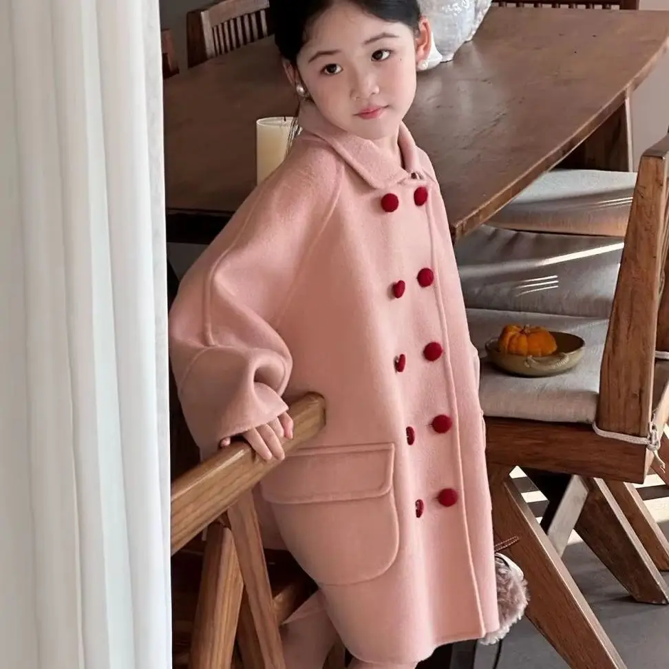 Fashion Girls Pink Long Wool Coat Autumn Winter Kids Sweet Style Overcoat Trendy Outerwear