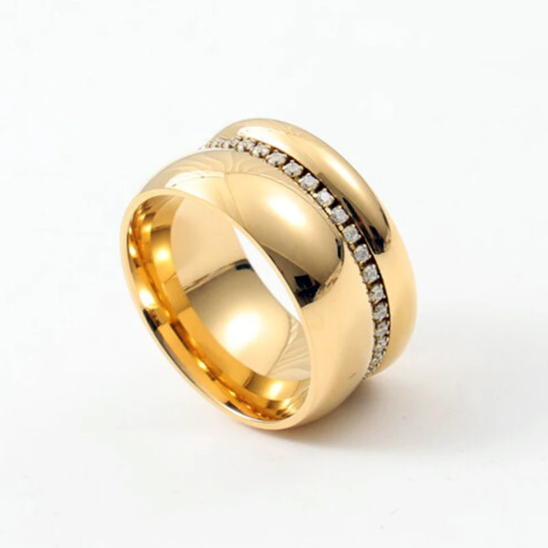 PVD Gold Color Wedding Band Ring Full Drill Double Cambered Stainless Steel Ring