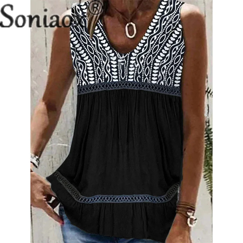 

Summer Splicing Pleated Sleeveless Tops Female Sweet Style Geometric Print Casual T-Shirt Women Street Daily Tees 2023 New Vest