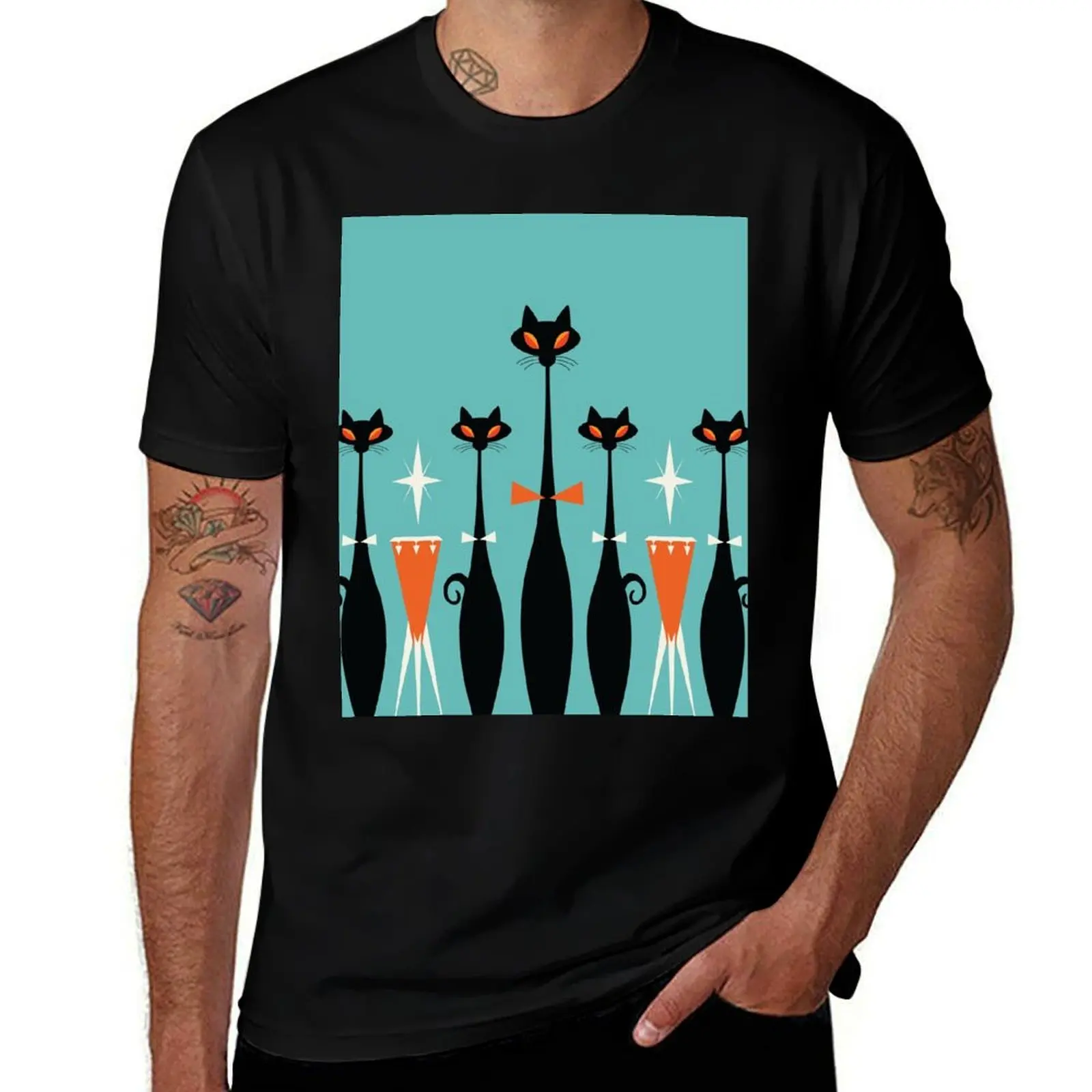 Bobby West's Tropicana Kitty Club Midcentury Cats Playing Congas. T-Shirt Casual Breathable Short Sleeve Top T-Shirt