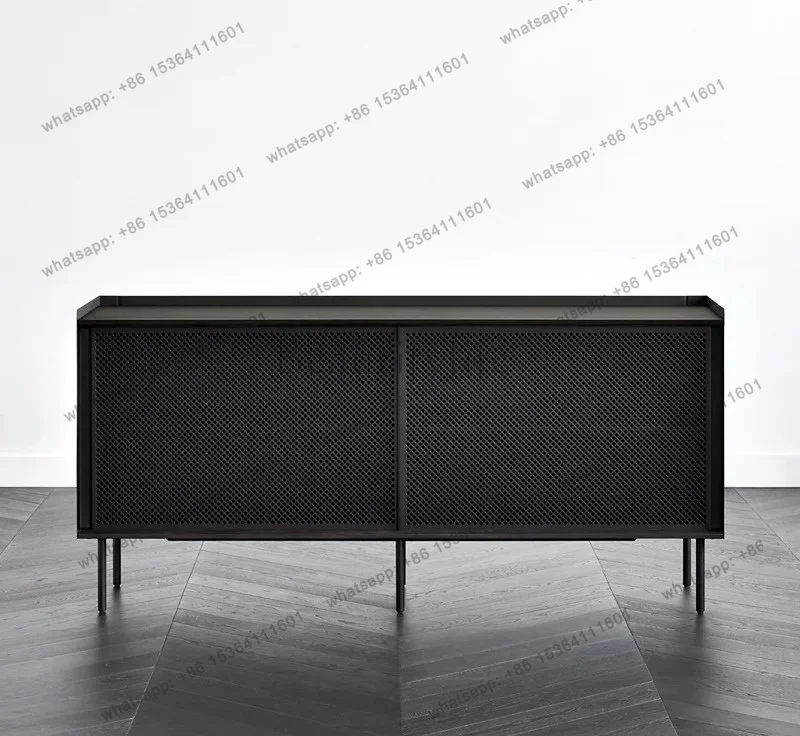 hot   Industrial style dining side cabinet shelf modern simple metal wrought iron solid wood living room storage side cabinet