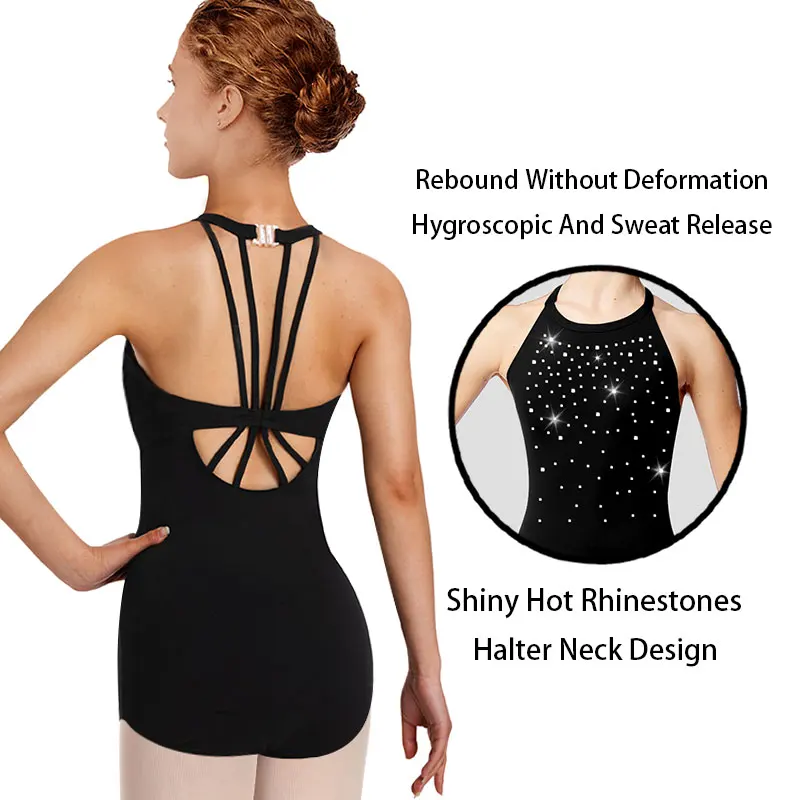 

Women Halter Neck Adjustable Straps Ballet Dance Leotard for Adult Dance Corset with Shiny Hot Rhinestones and Soft Front Lining
