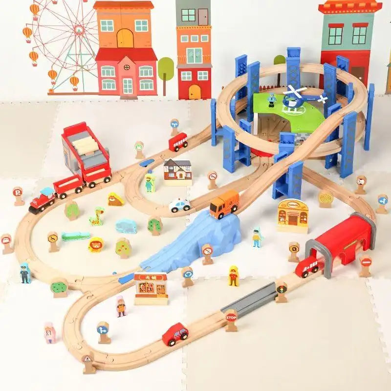 Symulowany park miejski ruch uliczny dom sklep samochód helikopter zestawy Drewniany pociąg tor kolejowy drewniane szyny transport puzzle układanka prezent