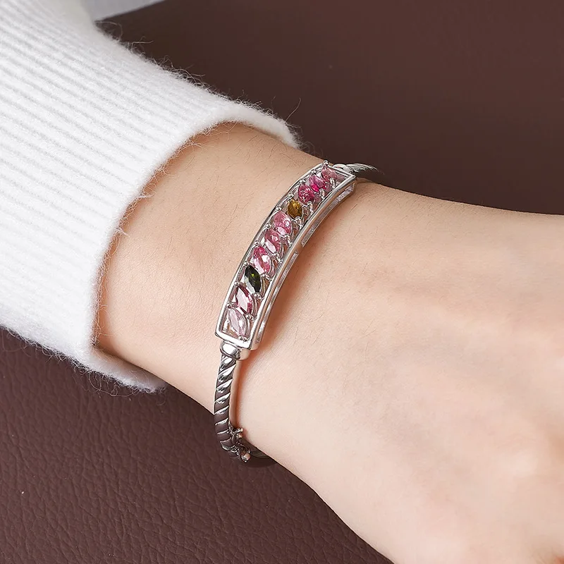 GEEZENCA 925 Sterling Silver Colored Tourmaline Stone Sparkle Bangle Women Luxury Delicate Trendy Stack Cuff Bracelet Love Gift