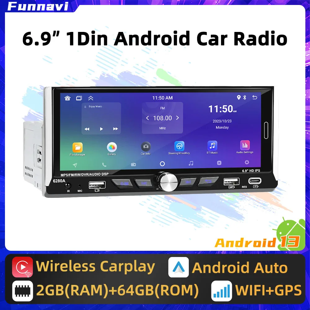 

6.9" Android Car Multimedia Player 1Din Radio Car Stereo Head Unit Wireless Carplay Autoradio GPS Navigation WIFI Android Auto