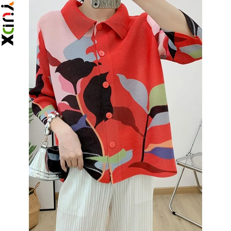 

YUDX Miyake Casual Pleated Shirt Contrast Color Print Women Lapel Long Sleeves Single Breasted Tops 2024 Spring New Clothing