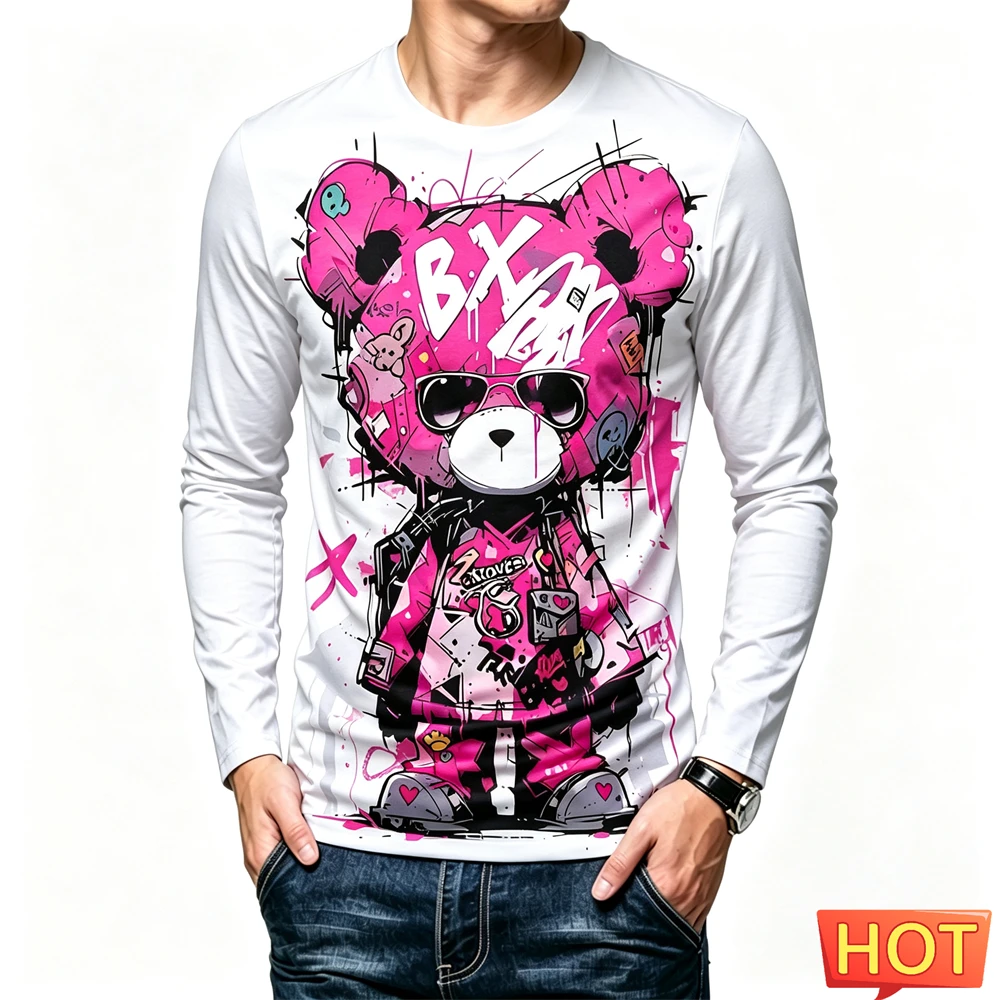 Cartoon Little Bear Print T Shirt For Men Simple Versatile Spring and Autumn Long Sleeve T-shirt Fashion Casual O-neck Loose Top