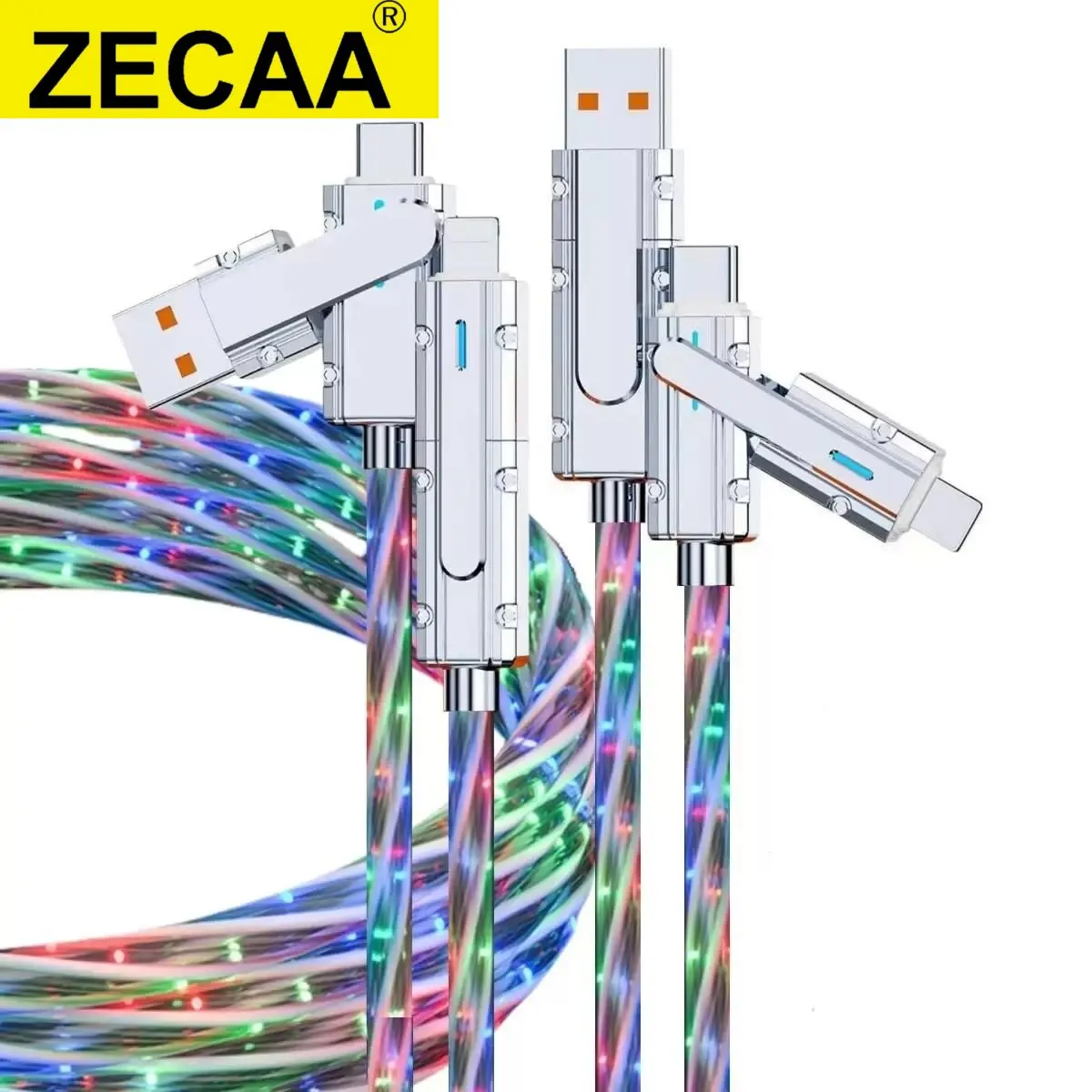 

ZECAA 4 in 1 RGB LED USB Type-C to Type-C to Lightning Data Charging Cable With Lightning Micro Type C USB Port