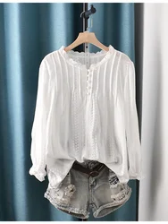 Lamtrip Unique Vintage Lace Ruffle  Embroidery Pleated Covered Buttons Brief Long Sleeve  Cotton  Shirt Blouse 2022